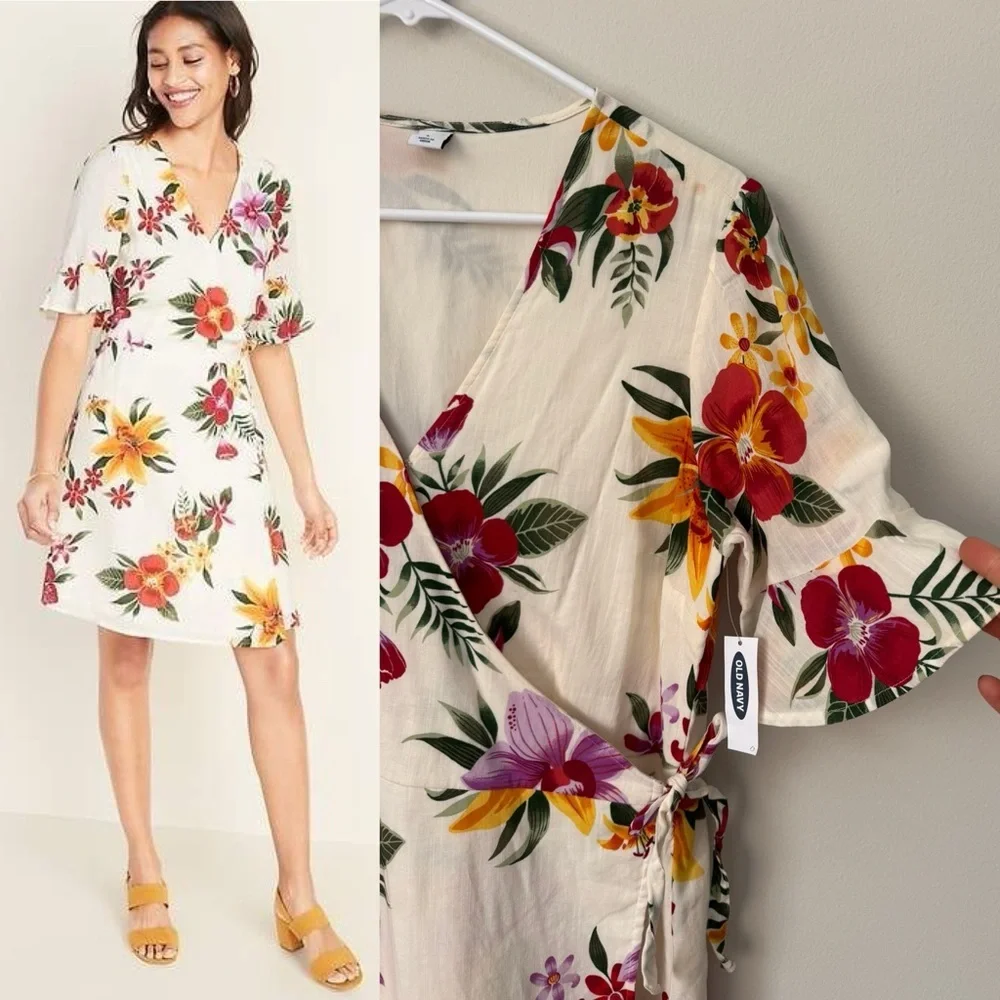 Waist-Difined Bell-Sleeve Faux-Wrap Dress for Women, white floral, Size L - Picture 1 of 12